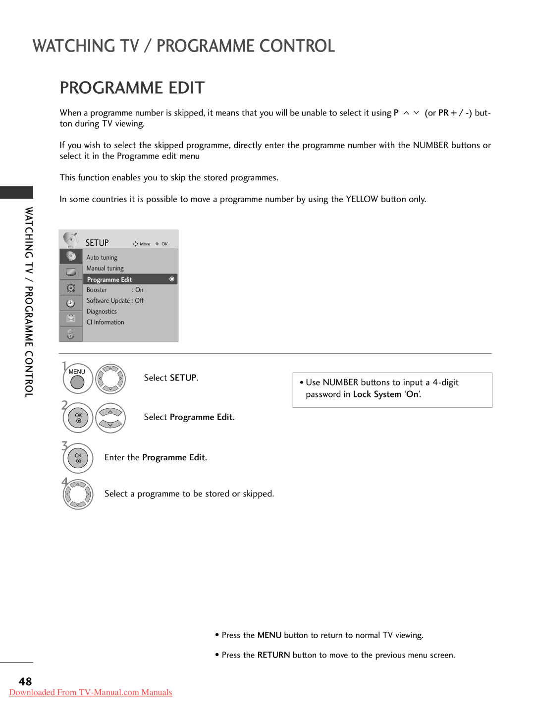 LG Electronics 26LG30, 60PG30, 50PG20, 42PG30, 42PG10, 42PG20, 42LG30, 37LG50 Programme Edit, Password in Lock System ‘On’ 