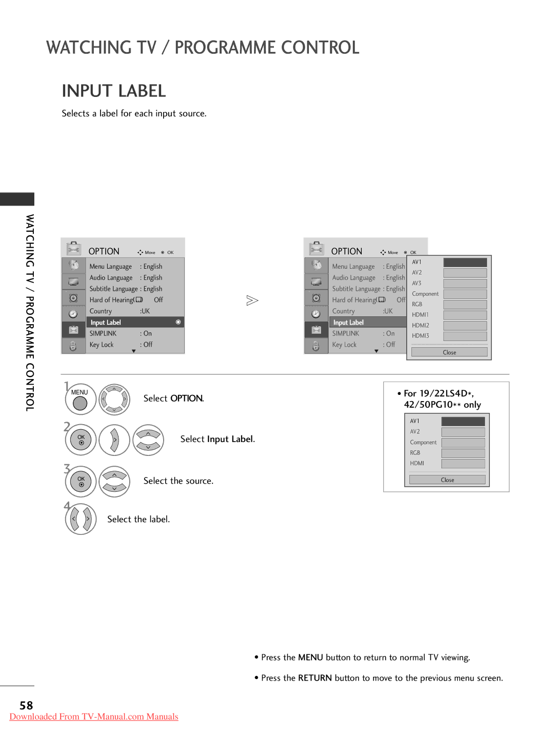 LG Electronics 60PG30, 50PG20, 42PG30, 42PG10, 42PG20, 42LG30 Input Label, Select Option, Select the source, Select the label 