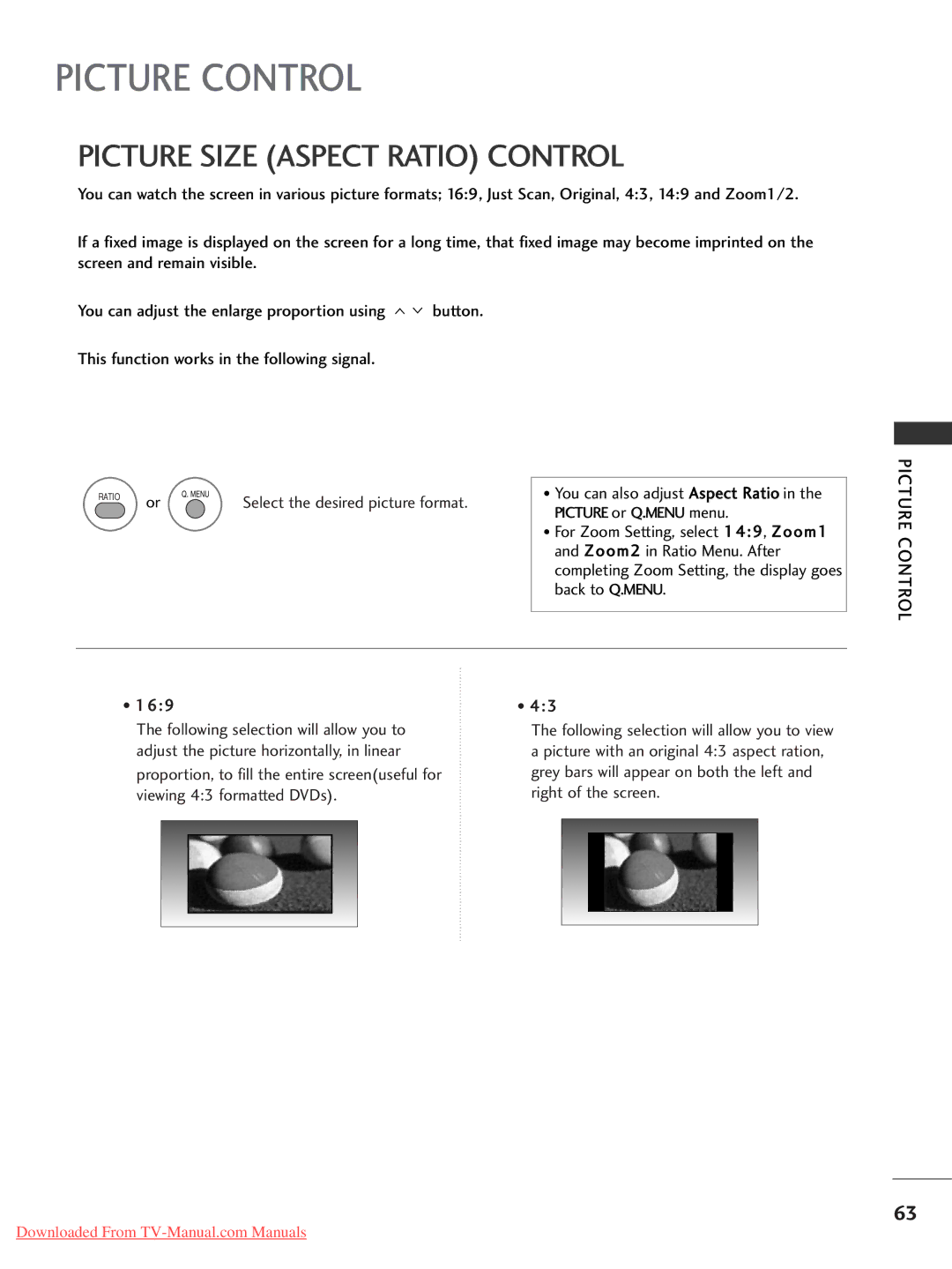 LG Electronics 42LG30, 60PG30, 50PG20, 42PG30, 42PG10, 42PG20, 37LG50, 37LG30 Picture Size Aspect Ratio Control, Picture Control 