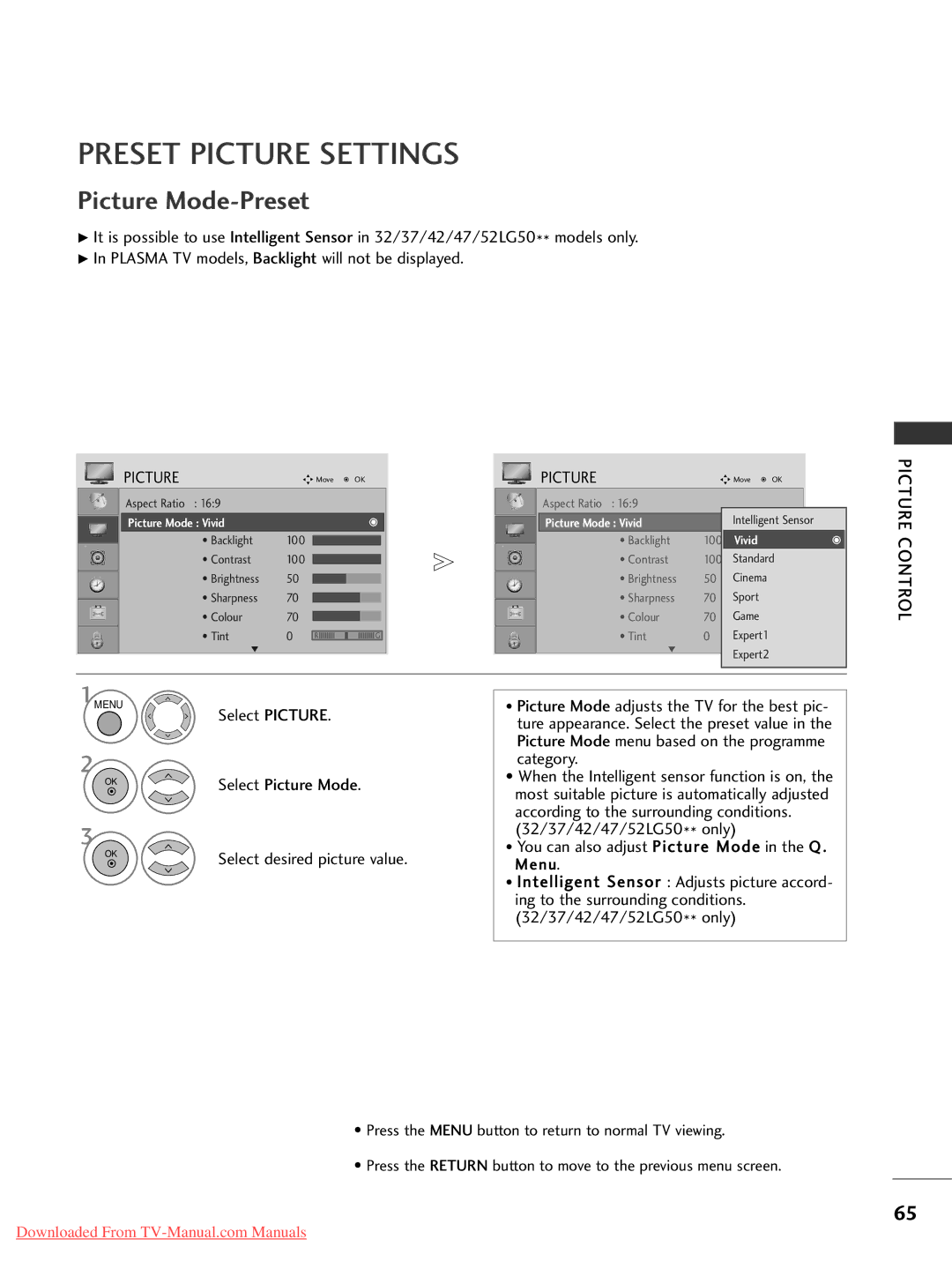 LG Electronics 37LG30, 60PG30, 50PG20, 42PG30, 42PG10 Preset Picture Settings, Picture Mode-Preset, Select Picture Mode 