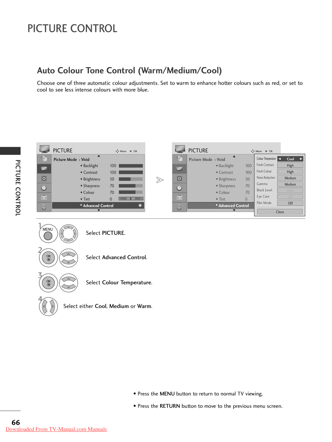 LG Electronics 32LG30, 60PG30, 50PG20, 42PG30 Auto Colour Tone Control Warm/Medium/Cool, Select either Cool, Medium or Warm 