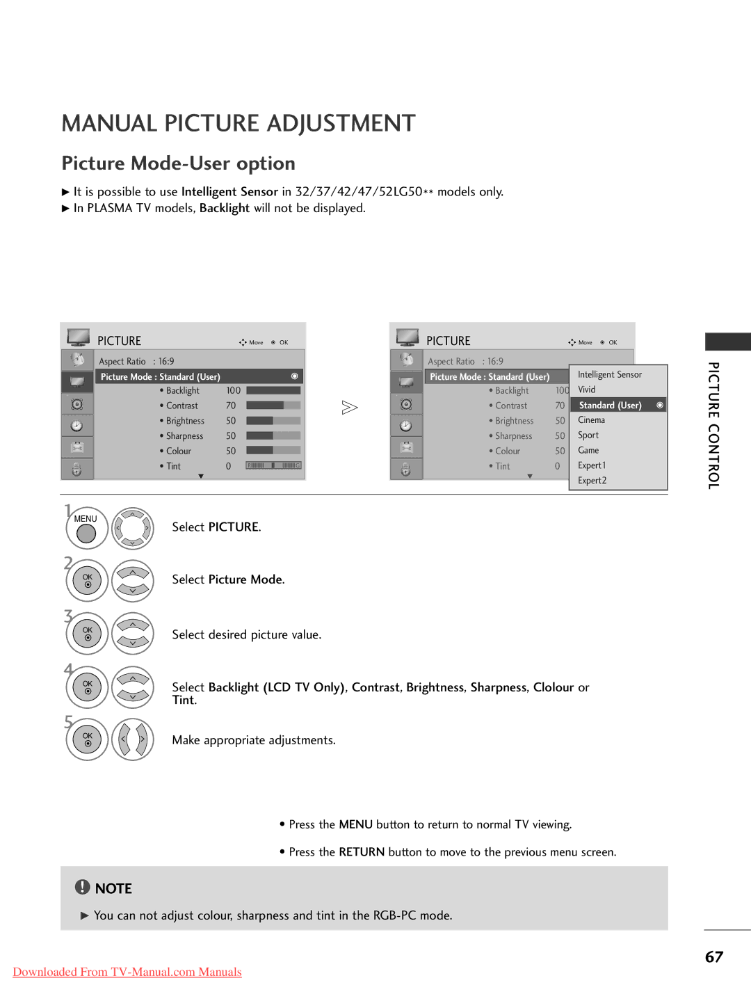 LG Electronics 32LG50, 60PG30, 50PG20, 42PG30, 42PG10, 42PG20, 42LG30 Manual Picture Adjustment, Picture Mode-User option 