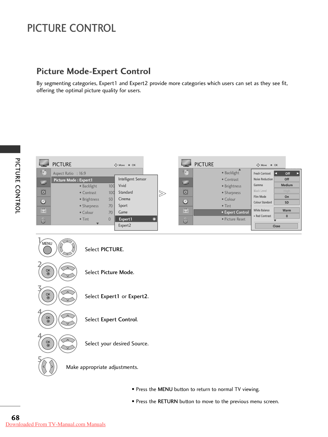 LG Electronics 26LG30, 60PG30, 50PG20, 42PG30, 42PG10, 42PG20, 42LG30, 37LG50, 37LG30, 32LG30, 32LG50 Picture Mode-Expert Control 