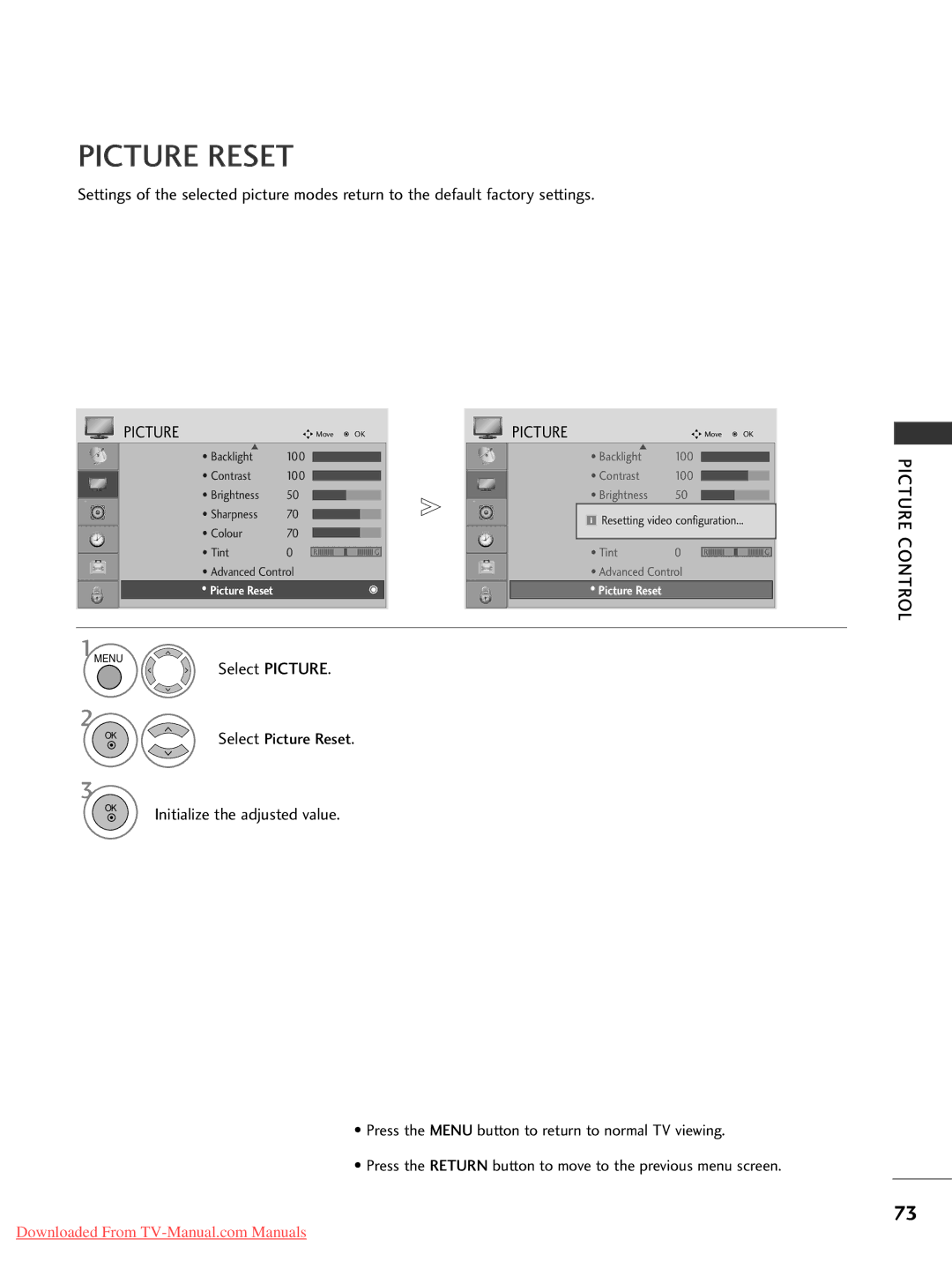 LG Electronics 50PG10, 60PG30, 50PG20, 42PG30, 42PG10, 42PG20, 42LG30, 37LG50 Picture Reset, Initialize the adjusted value 