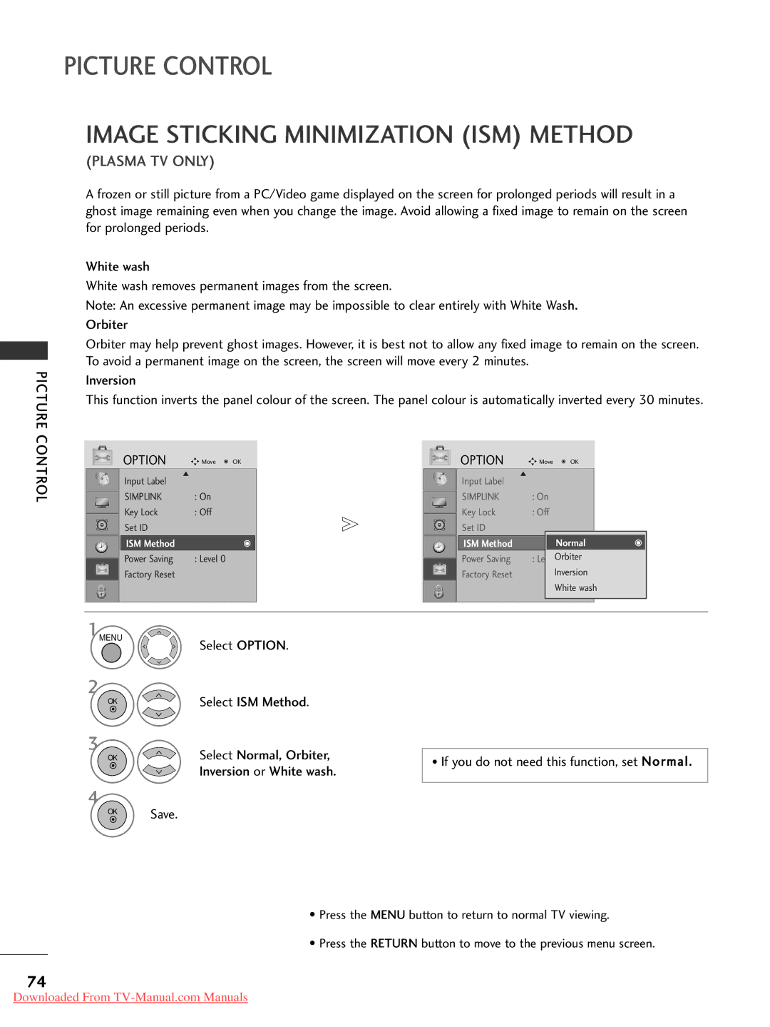 LG Electronics 50PG30, 60PG30 Image Sticking Minimization ISM Method, If you do not need this function, set Normal OK Save 