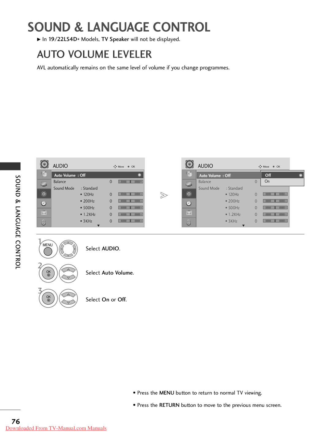 LG Electronics 19LG30, 60PG30, 50PG20, 42PG30 Sound & Language Control, Auto Volume Leveler, Select Audio, Select On or Off 