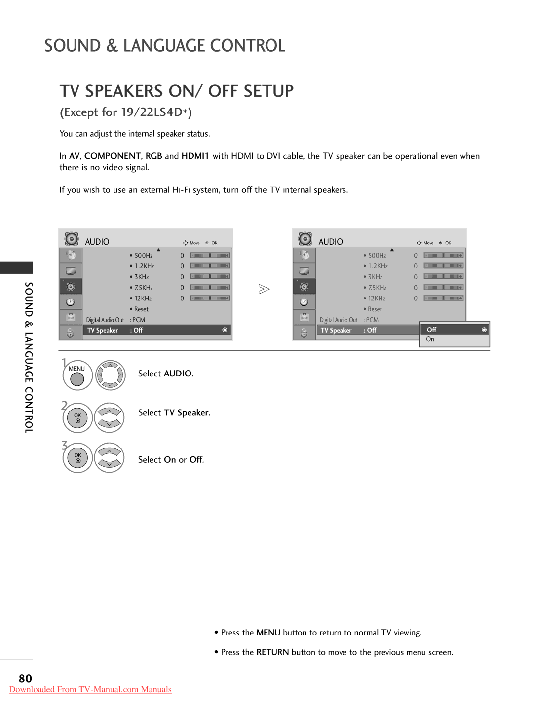 LG Electronics 42PG30, 60PG30, 50PG20, 42PG10, 42PG20, 42LG30, 37LG50, 37LG30, 32LG30, 32LG50 TV Speakers ON/ OFF Setup, Audio 