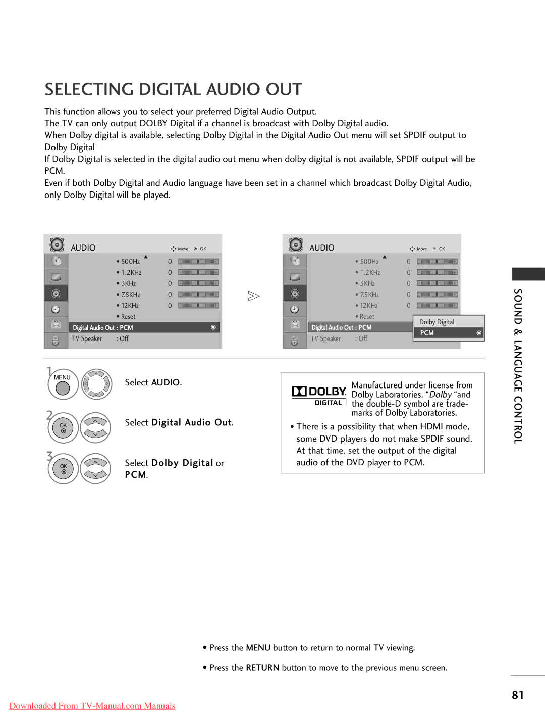 LG Electronics 42PG10, 60PG30, 50PG20 Selecting Digital Audio OUT, Select Digital Audio Out, Select Dolby Digital or, Pcm 