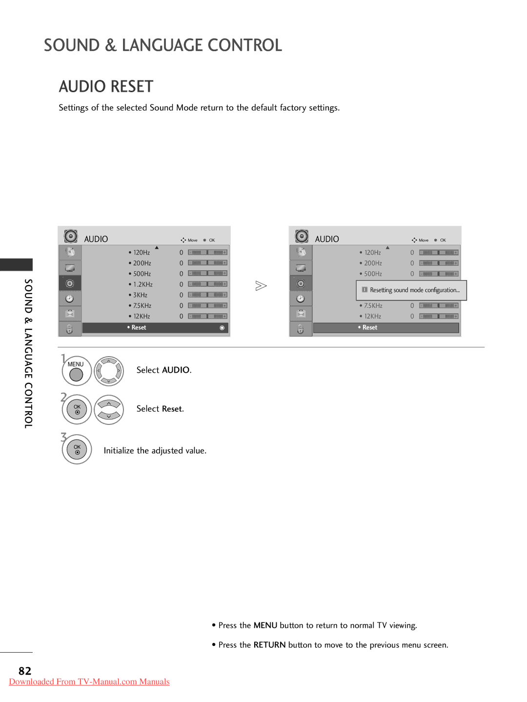 LG Electronics 42PG20, 60PG30, 50PG20, 42PG30, 42PG10, 42LG30, 37LG50, 37LG30, 32LG30, 32LG50, 26LG30 Audio Reset, Select Reset 