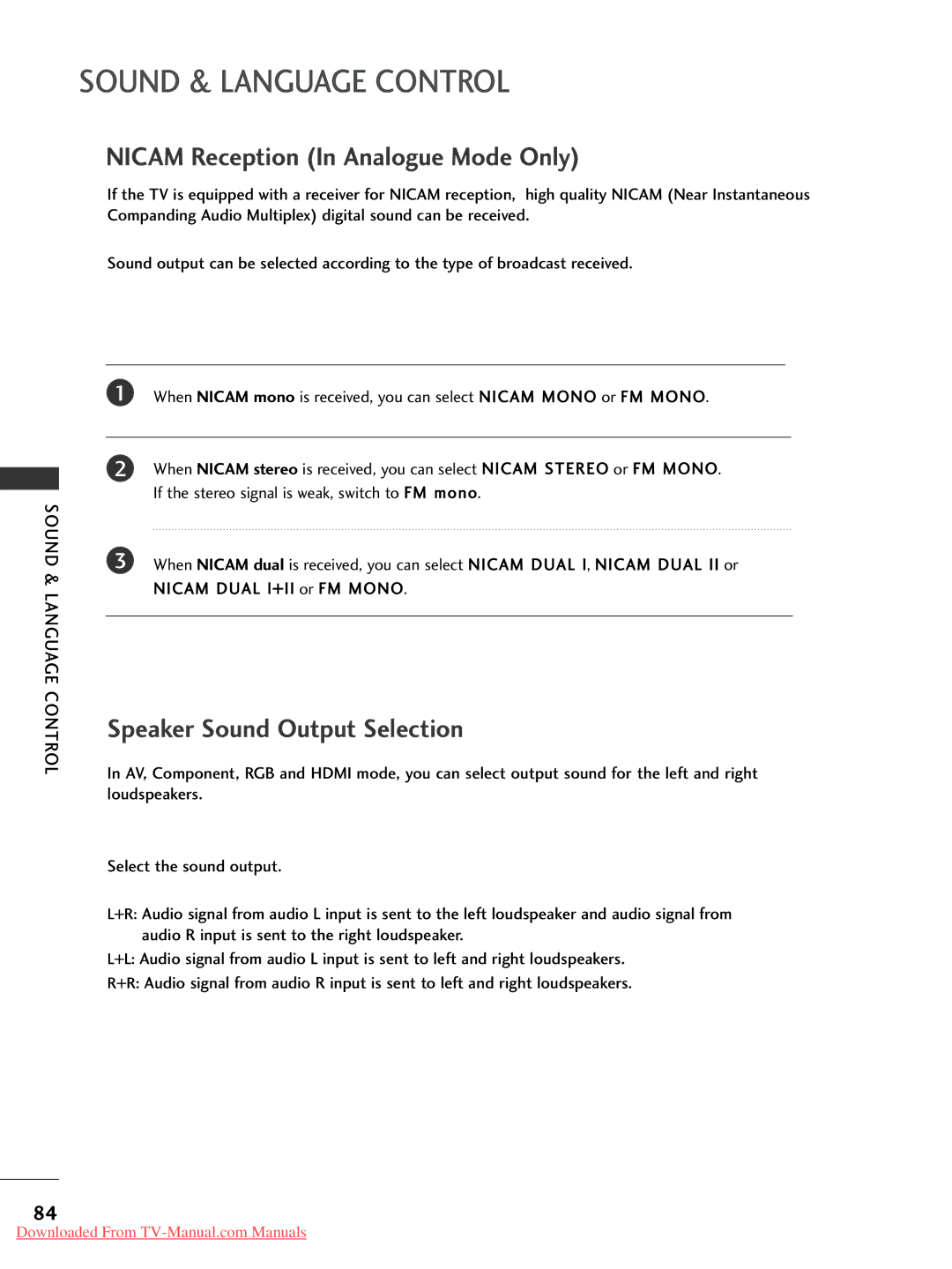 LG Electronics 37LG50, 60PG30, 50PG20, 42PG30, 42PG10 Nicam Reception In Analogue Mode Only, Speaker Sound Output Selection 