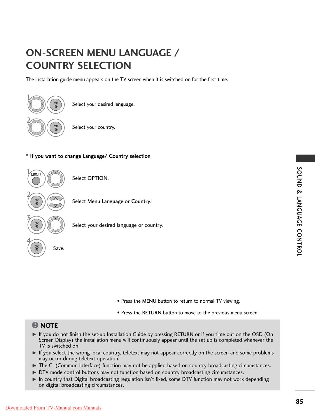 LG Electronics 37LG30, 60PG30, 50PG20 If you want to change Language/ Country selection, Select Menu Language or Country 