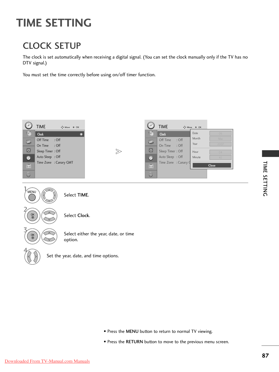 LG Electronics 32LG50, 60PG30, 50PG20, 42PG30, 42PG10, 42PG20, 42LG30, 37LG50, 37LG30, 32LG30, 26LG30 Time Setting, Clock Setup 