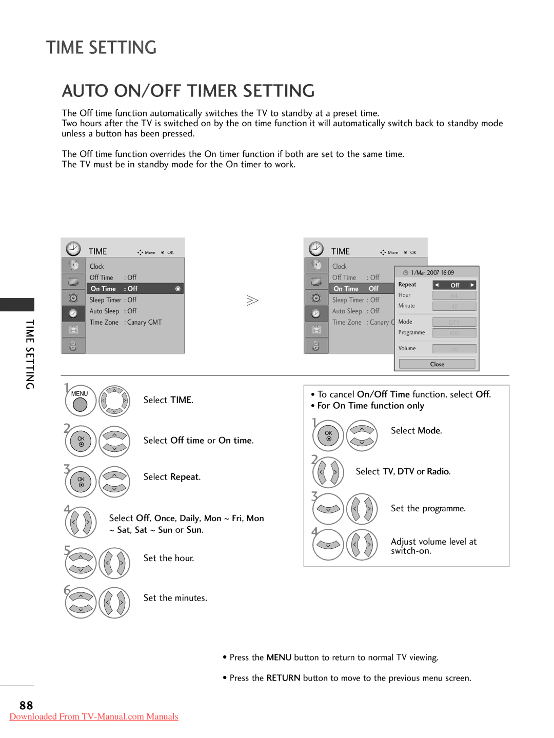 LG Electronics 26LG30, 60PG30 Auto ON/OFF Timer Setting, For On Time function only, Select Mode, Adjust volume level at 