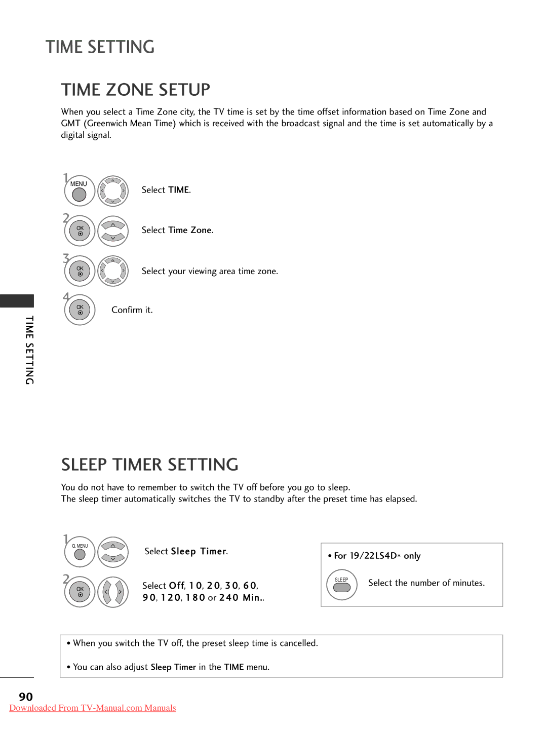 LG Electronics 22LG30, 60PG30, 50PG20, 42PG30, 42PG10, 42PG20, 42LG30, 37LG50 Time Zone Setup, Sleep Timer Setting, Time Setting 