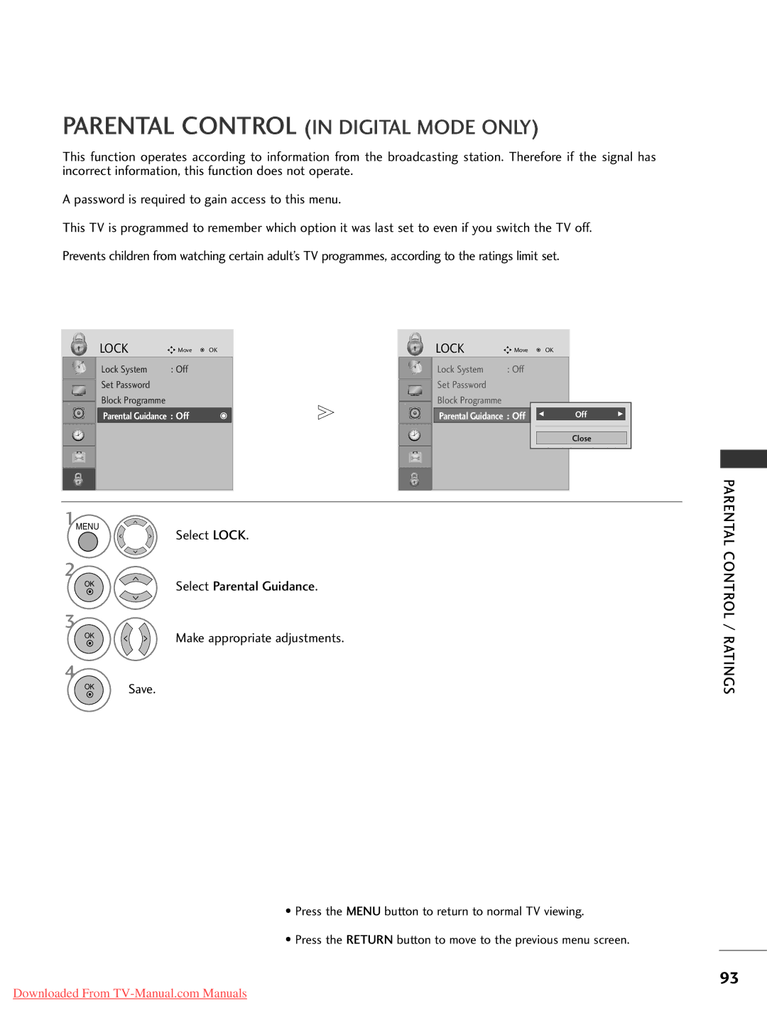 LG Electronics 50PG10, 60PG30, 50PG20, 42PG30, 42PG10, 42PG20, 42LG30, 37LG50, 37LG30 Parental Control in Digital Mode only 