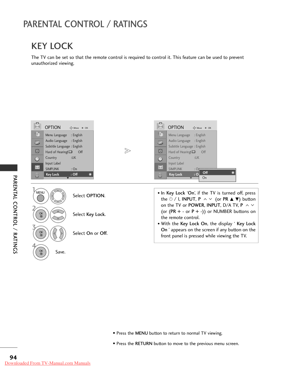 LG Electronics 50PG30, 60PG30, 50PG20, 42PG30, 42PG10, 42PG20, 42LG30, 37LG50, 37LG30, 32LG30, 32LG50 KEY Lock, Select Option 