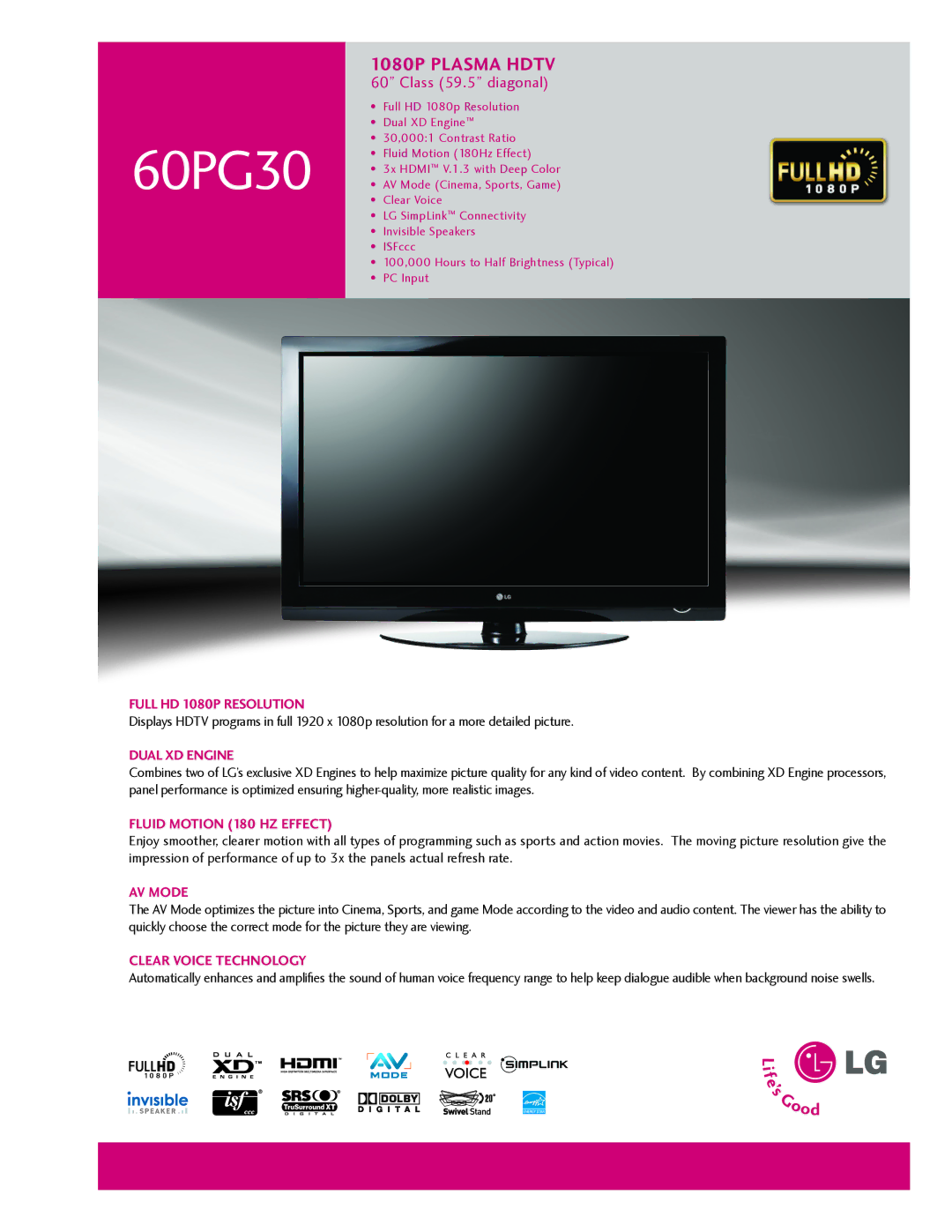 LG Electronics 60PG30 manual Full HD 1080p Resolution, Dual XD Engine, Fluid Motion 180 Hz Effect, AV Mode 