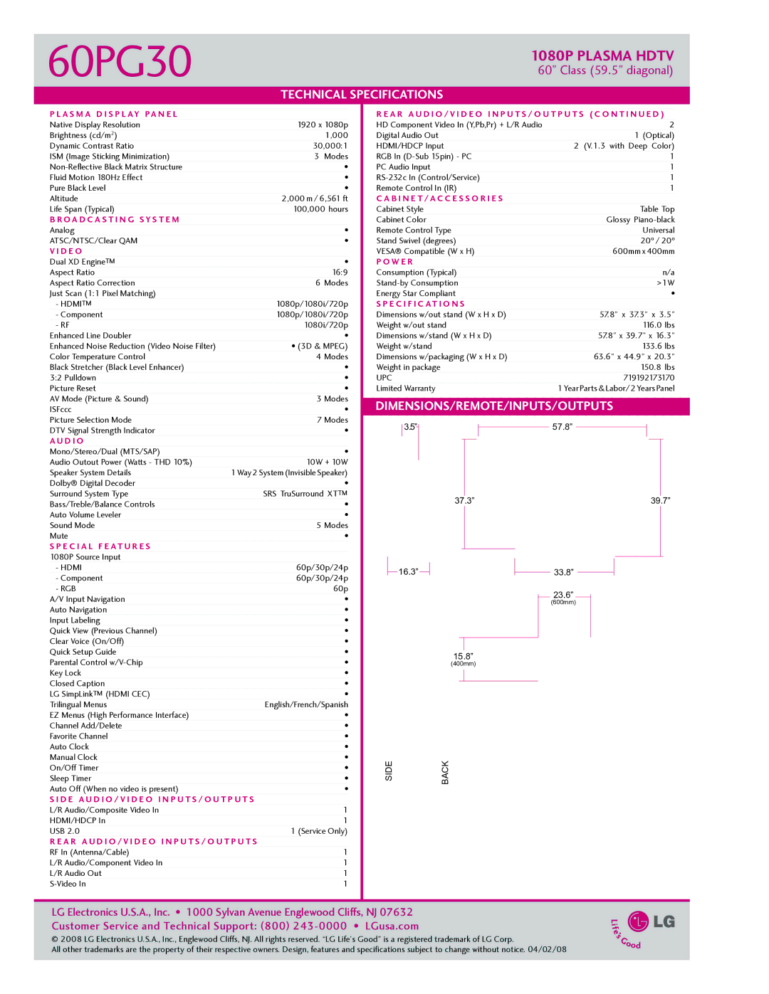 LG Electronics 60PG30 manual Technical Specifications, Dimensions/Remote/Inputs/Outputs 