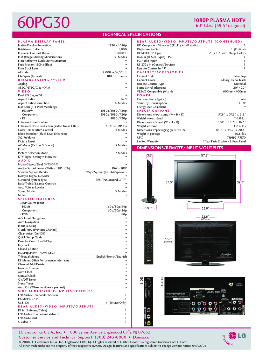 LG Electronics 60PG30 LG Electronics U.S.A., Inc. 1000 Sylvan Avenue Englewood Cliffs, NJ, 1080p PLASMA HDTV, Technical 