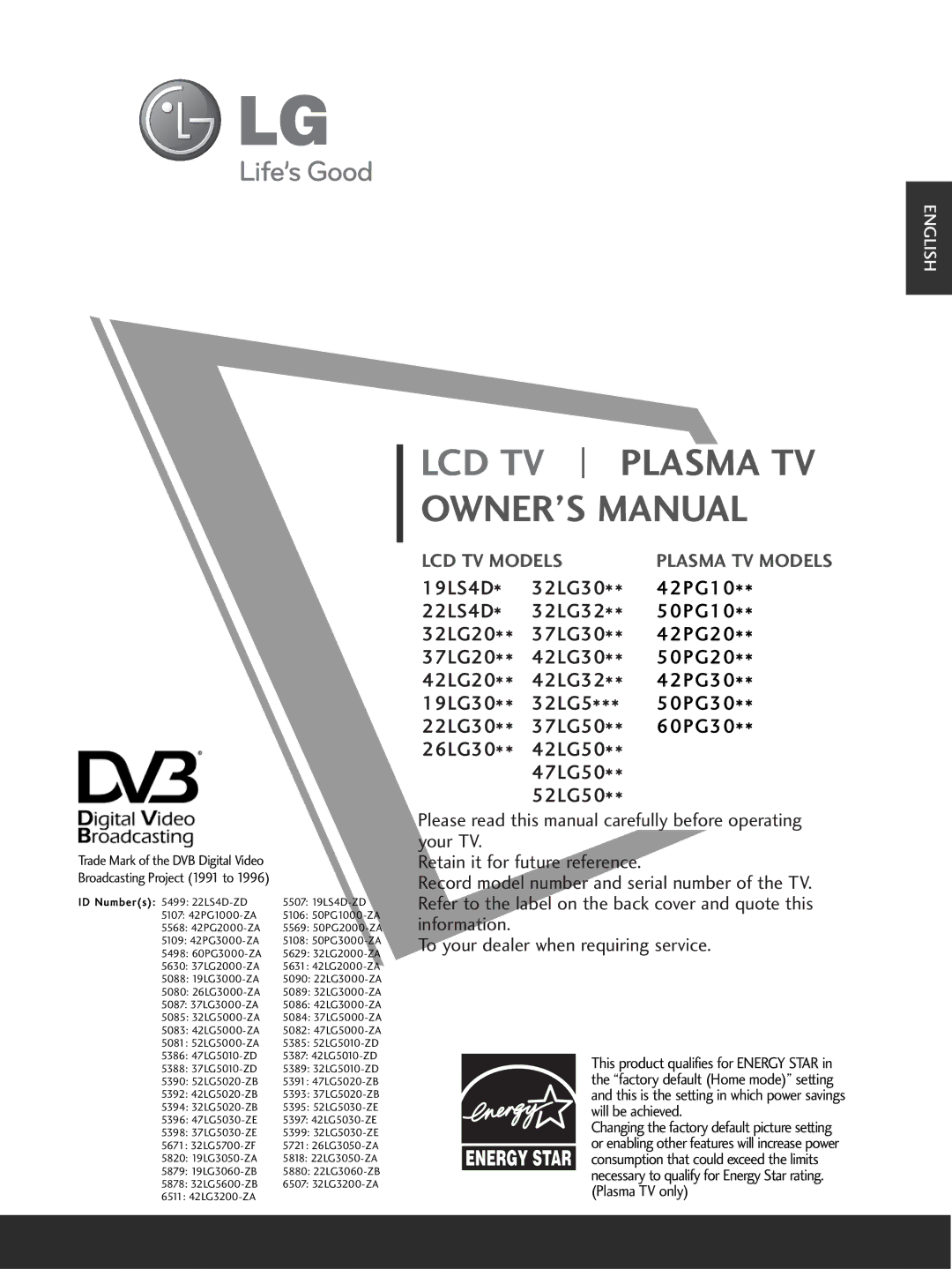 LG Electronics 425000, 60PG3000, 4232, 423000, 4220, 375000, 3720, 3220, 3232, 323000, 223000 owner manual Lcd Tv 