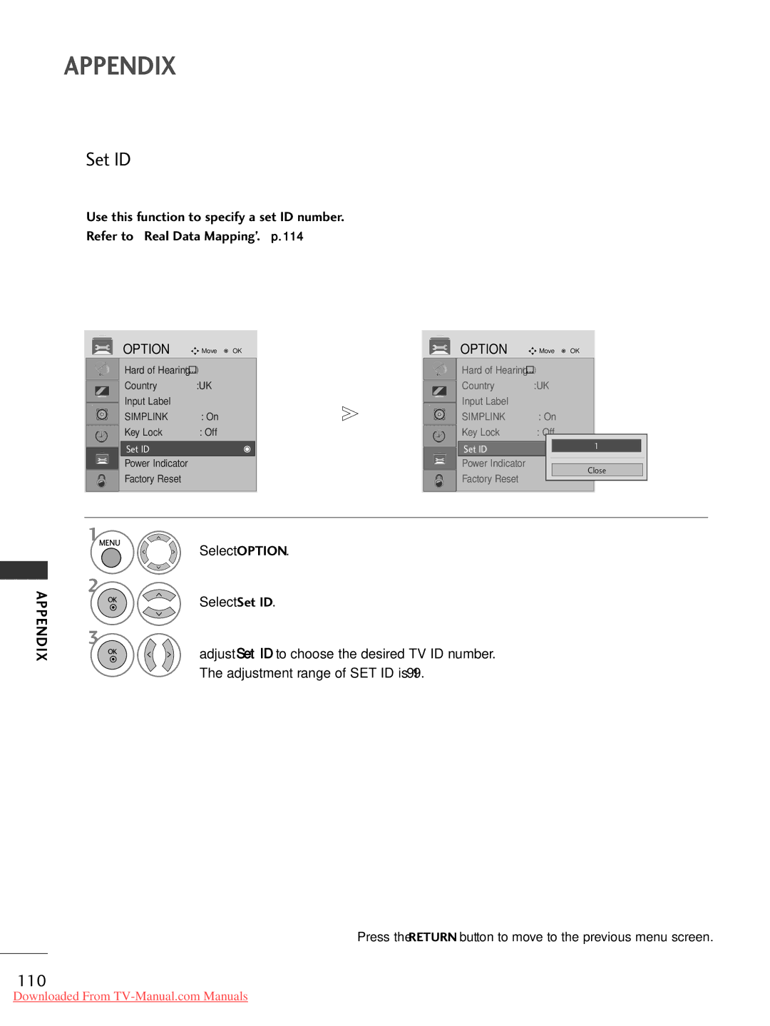 LG Electronics 42LG30, 60PG3042PG20, 50PG20, 42PG30, 42PG10, 37LG50, 37LG30 Select Set ID, Adjustment range of SET ID is 1~99 