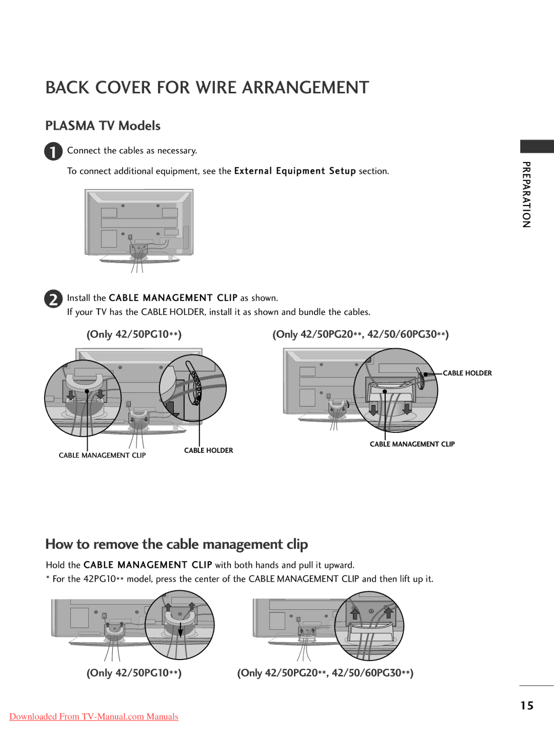 LG Electronics 19LS4D, 60PG3042PG20, 50PG20, 42PG30 Back Cover for Wire Arrangement, How to remove the cable management clip 