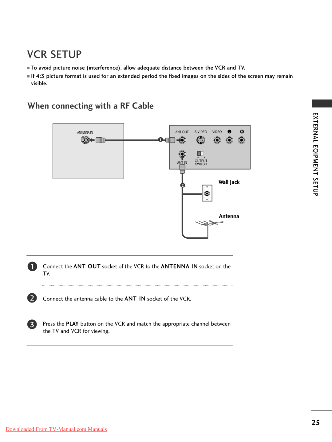 LG Electronics 26LG30, 60PG3042PG20, 50PG20, 42PG30, 42PG10 VCR Setup, When connecting with a RF Cable, External Eqipment 