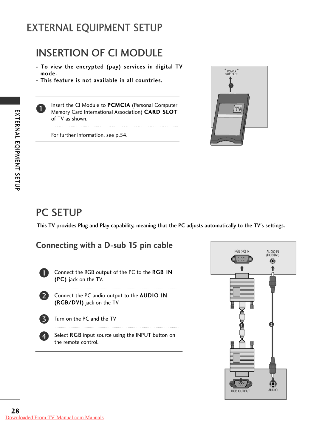 LG Electronics 42LG5047LG50, 50PG20 Insertion of CI Module, PC Setup, Connecting with a D-sub 15 pin cable, Eqipment Setup 