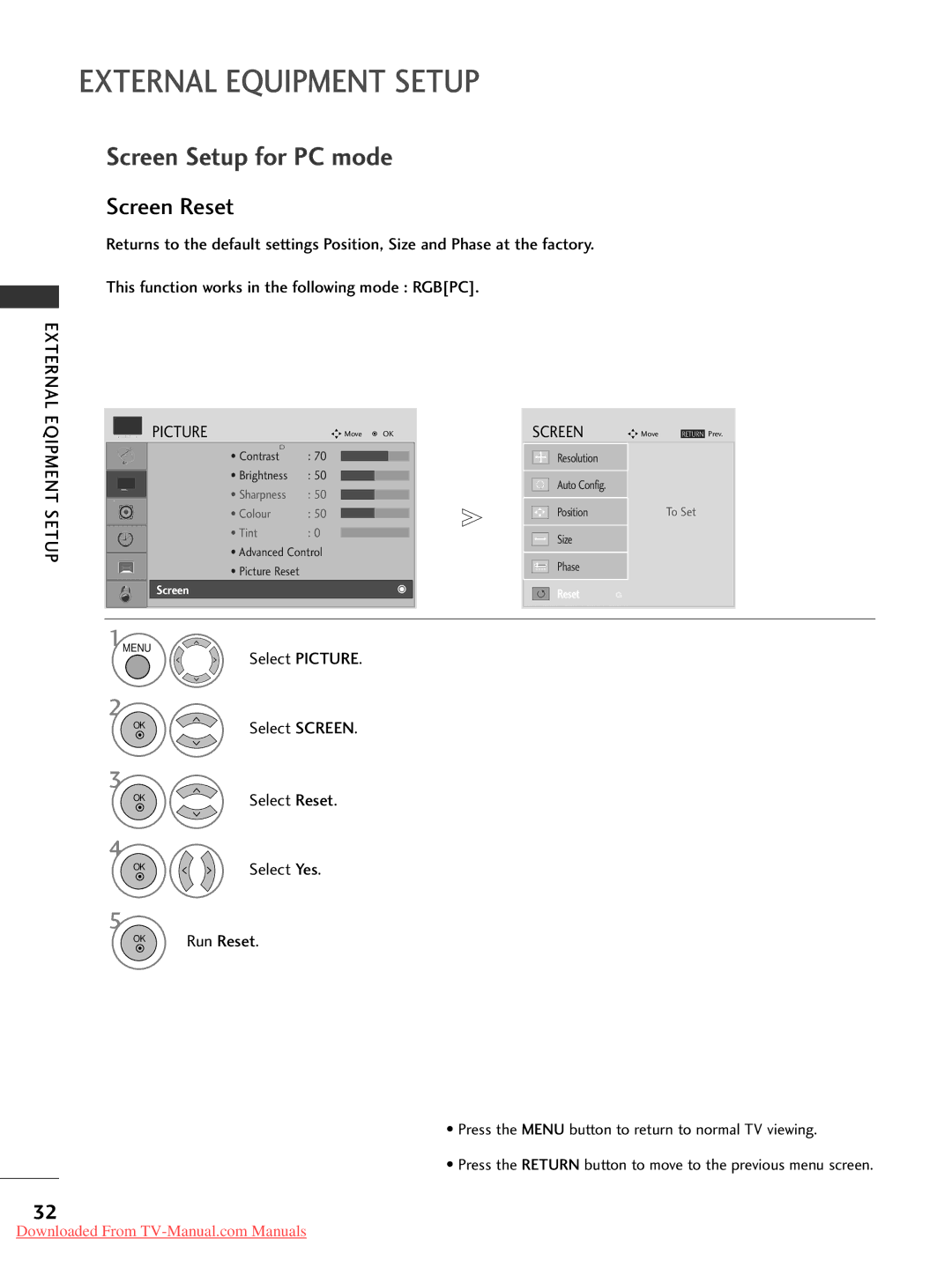 LG Electronics 19LG30, 60PG3042PG20, 50PG20, 42PG30, 42PG10 Screen Setup for PC mode, Select Reset, Select Yes, Run Reset 