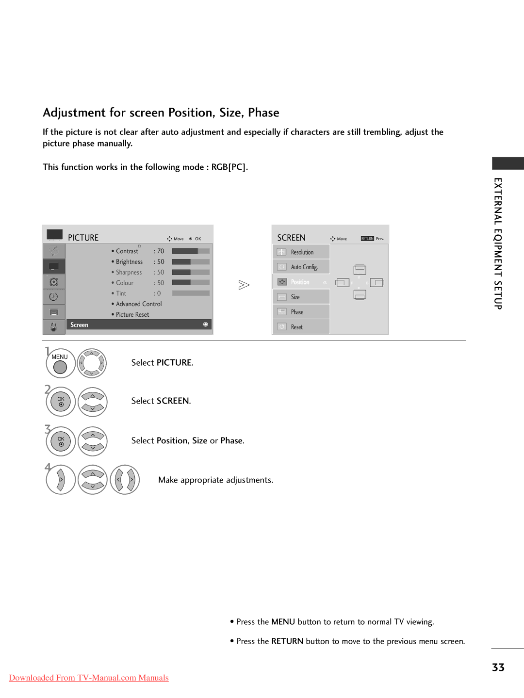 LG Electronics 19LS4D, 60PG3042PG20, 50PG20, 42PG30, 42PG10 Select Picture, Select Screen, Select Position, Size or Phase 