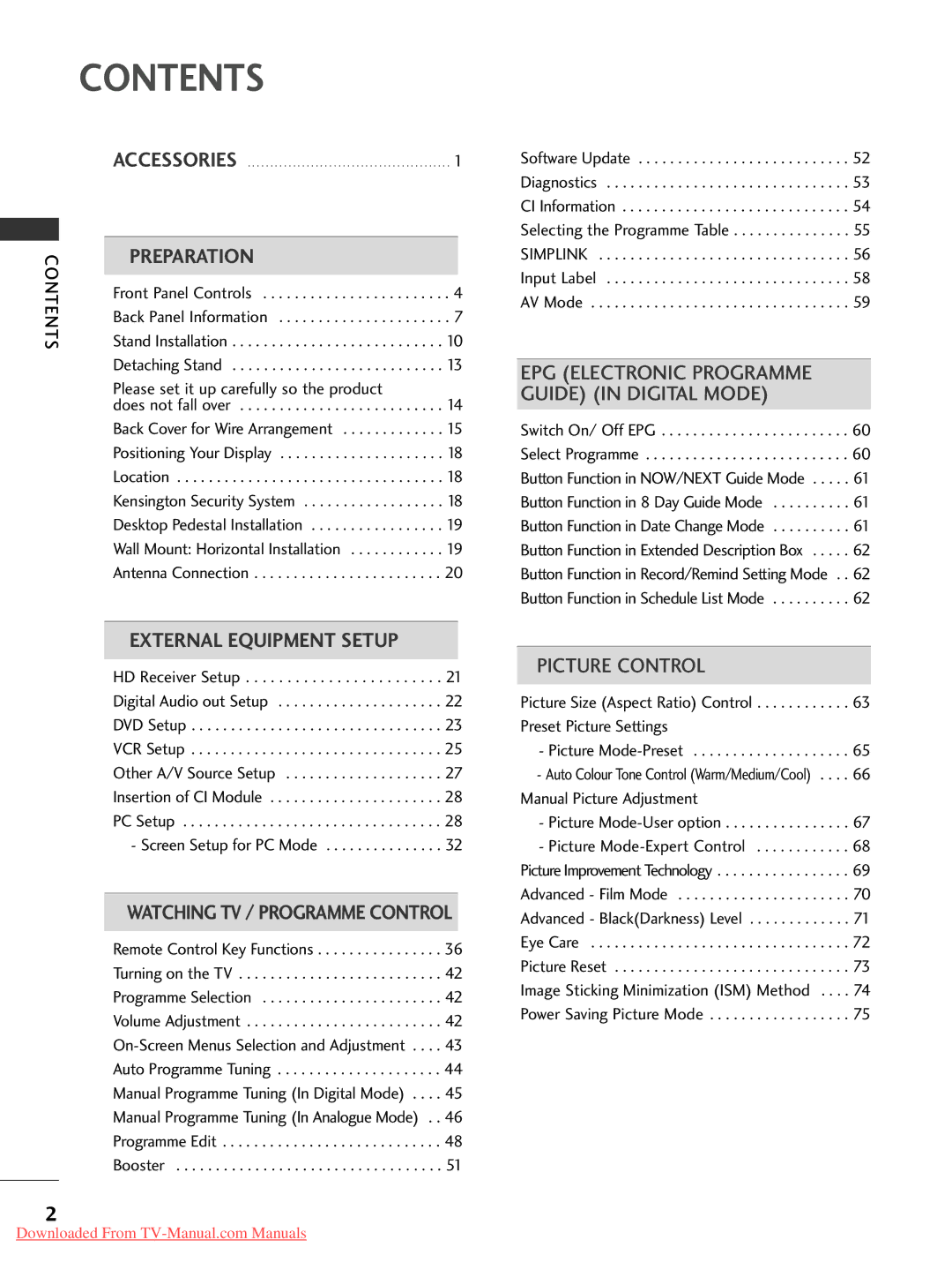 LG Electronics 42LG30, 60PG3042PG20, 50PG20, 42PG30, 42PG10, 37LG50, 37LG30, 32LG30, 32LG50, 26LG30, 22LLS4 4D, 22LG30 Contents 