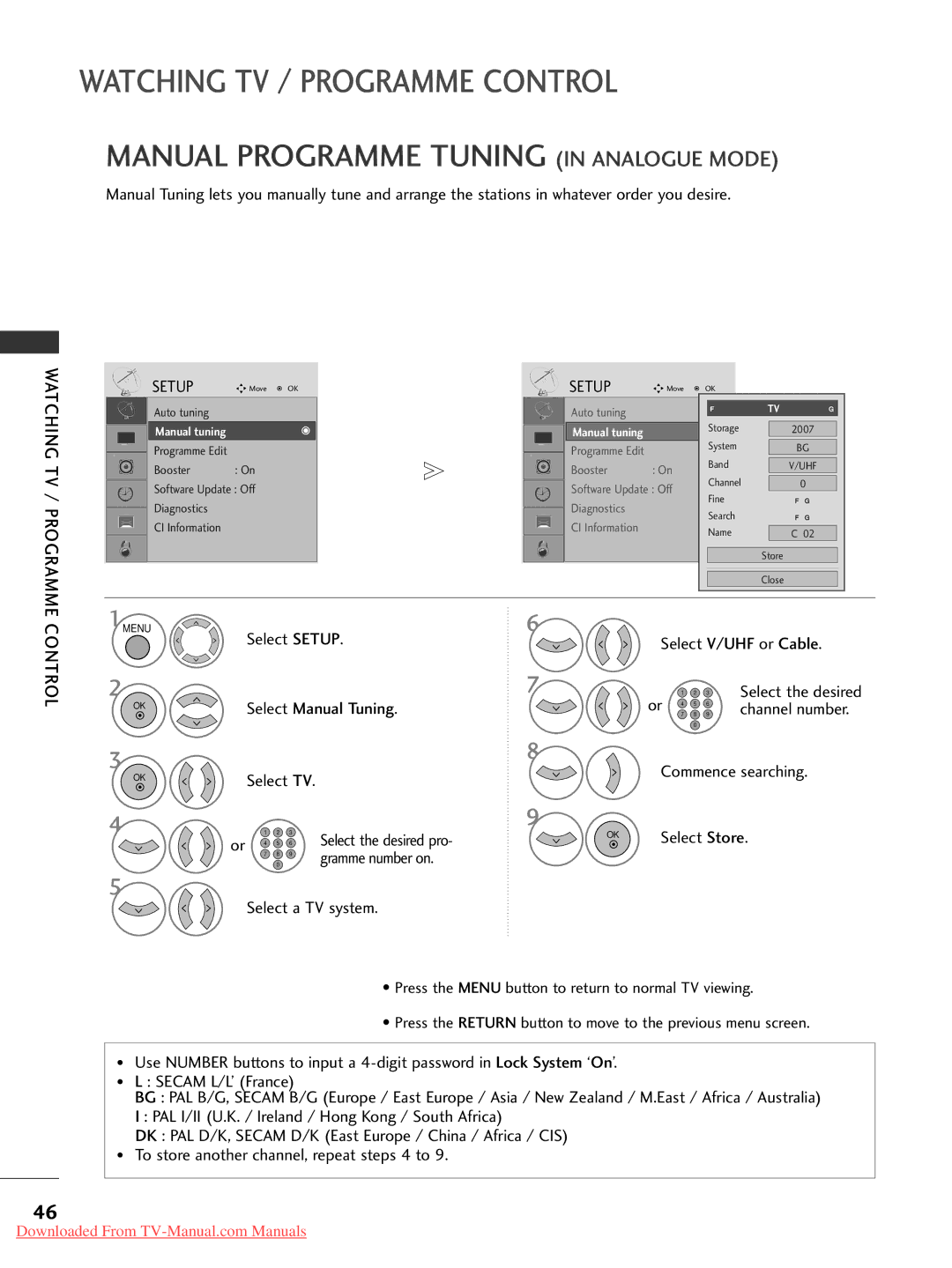 LG Electronics 42LG5047LG50, 60PG3042PG20, 50PG20 Manual Programme Tuning in Analogue Mode, Watching TV / Programme Setup 