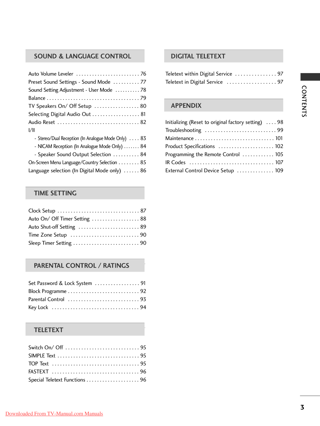 LG Electronics 37LG50, 60PG3042PG20, 50PG20, 42PG30, 42PG10, 42LG30, 37LG30, 32LG30, 32LG50 Sound & Language Control, Contents 