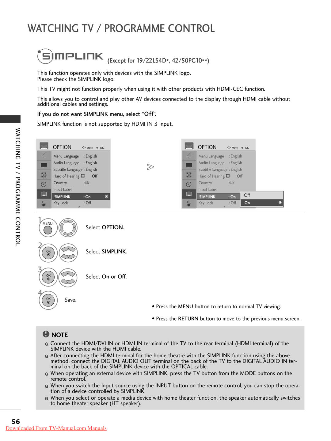 LG Electronics 42LG30, 60PG3042PG20, 50PG20, 42PG30, 42PG10, 37LG50, 37LG30, 32LG30, 32LG50, 26LG30, 22LLS4 4D Select Option 