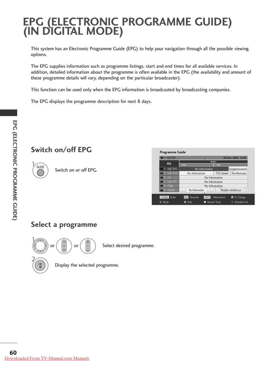 LG Electronics 32LG50, 60PG3042PG20 EPG Electronic Programme Guide in Digital Mode, Switch on/off EPG, Select a programme 