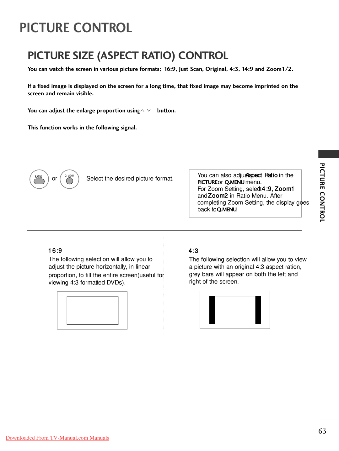 LG Electronics 22LG30, 60PG3042PG20, 50PG20, 42PG30, 42PG10, 42LG30, 37LG50 Picture Size Aspect Ratio Control, Picture Control 