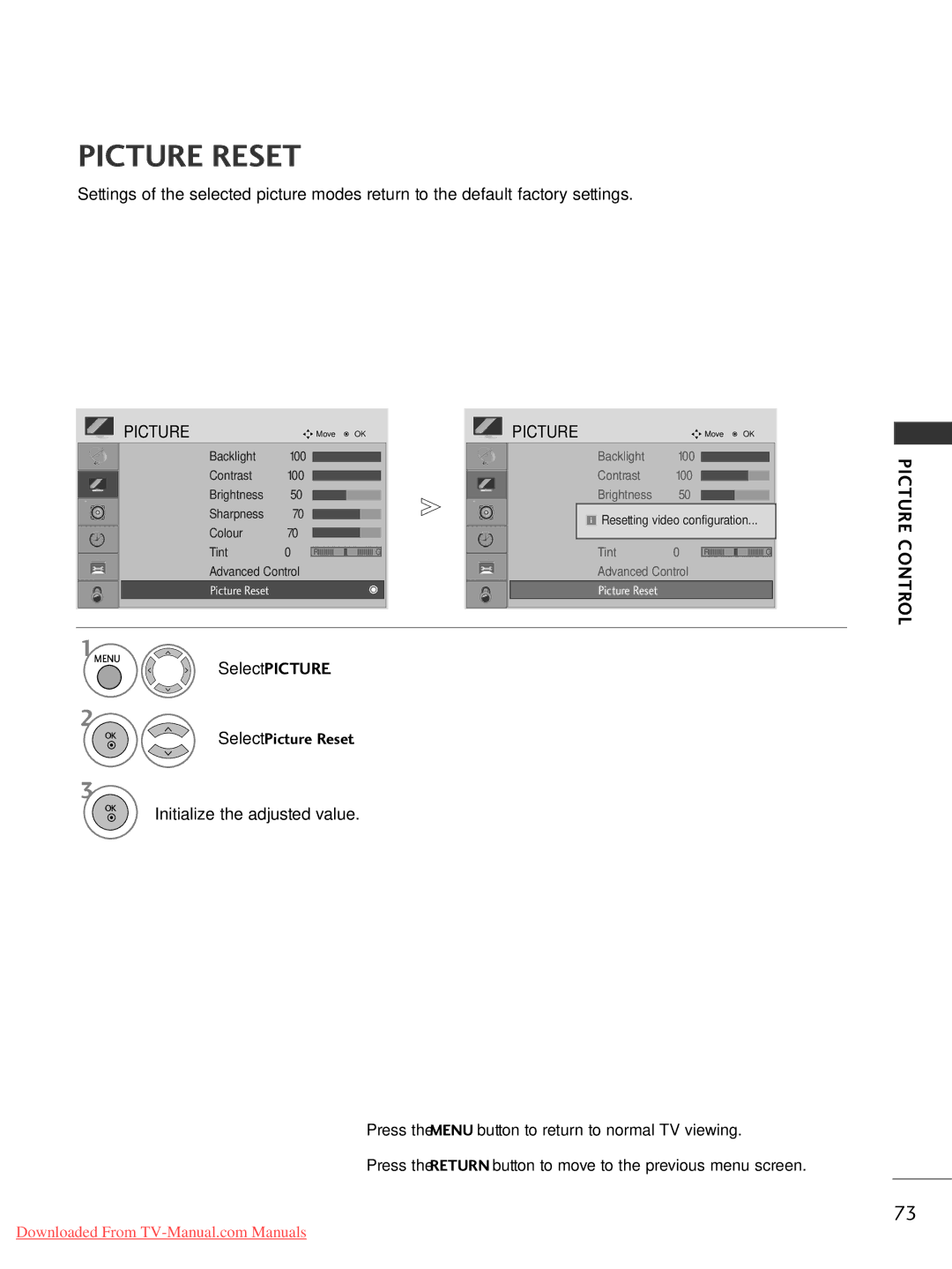 LG Electronics 42PG10, 60PG3042PG20, 50PG20, 42PG30, 42LG30, 37LG50, 37LG30, 32LG30 Picture Reset, Initialize the adjusted value 