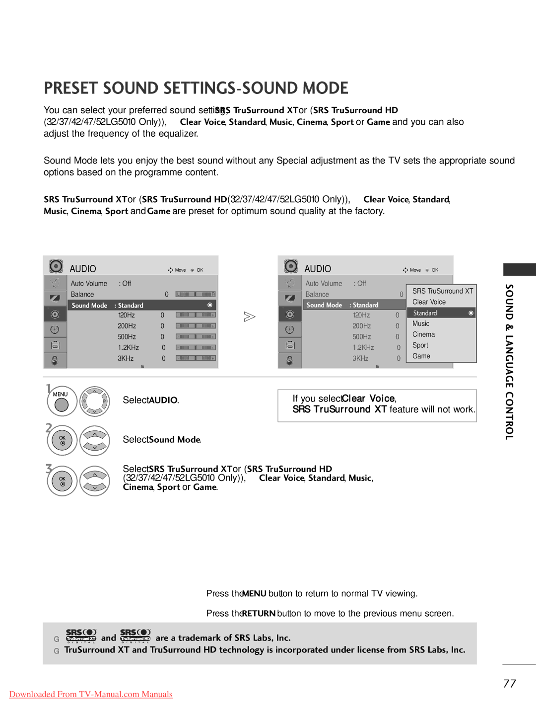 LG Electronics 32LG30, 60PG3042PG20, 50PG20, 42PG30 Preset Sound SETTINGS-SOUND Mode, Select Audio If you select Clear Voice 