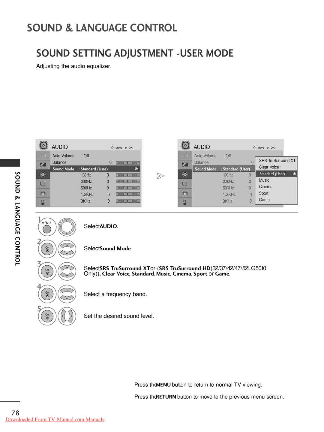 LG Electronics 32LG50, 60PG3042PG20, 50PG20, 42PG30, 42PG10, 42LG30 Sound Setting Adjustment -USER Mode, Language Control 