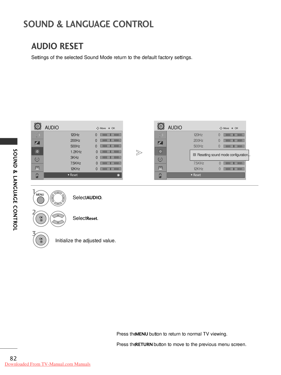 LG Electronics 42LG5047LG50, 60PG3042PG20, 50PG20, 42PG30, 42PG10, 42LG30, 37LG50, 37LG30, 32LG30 Audio Reset, Select Reset 