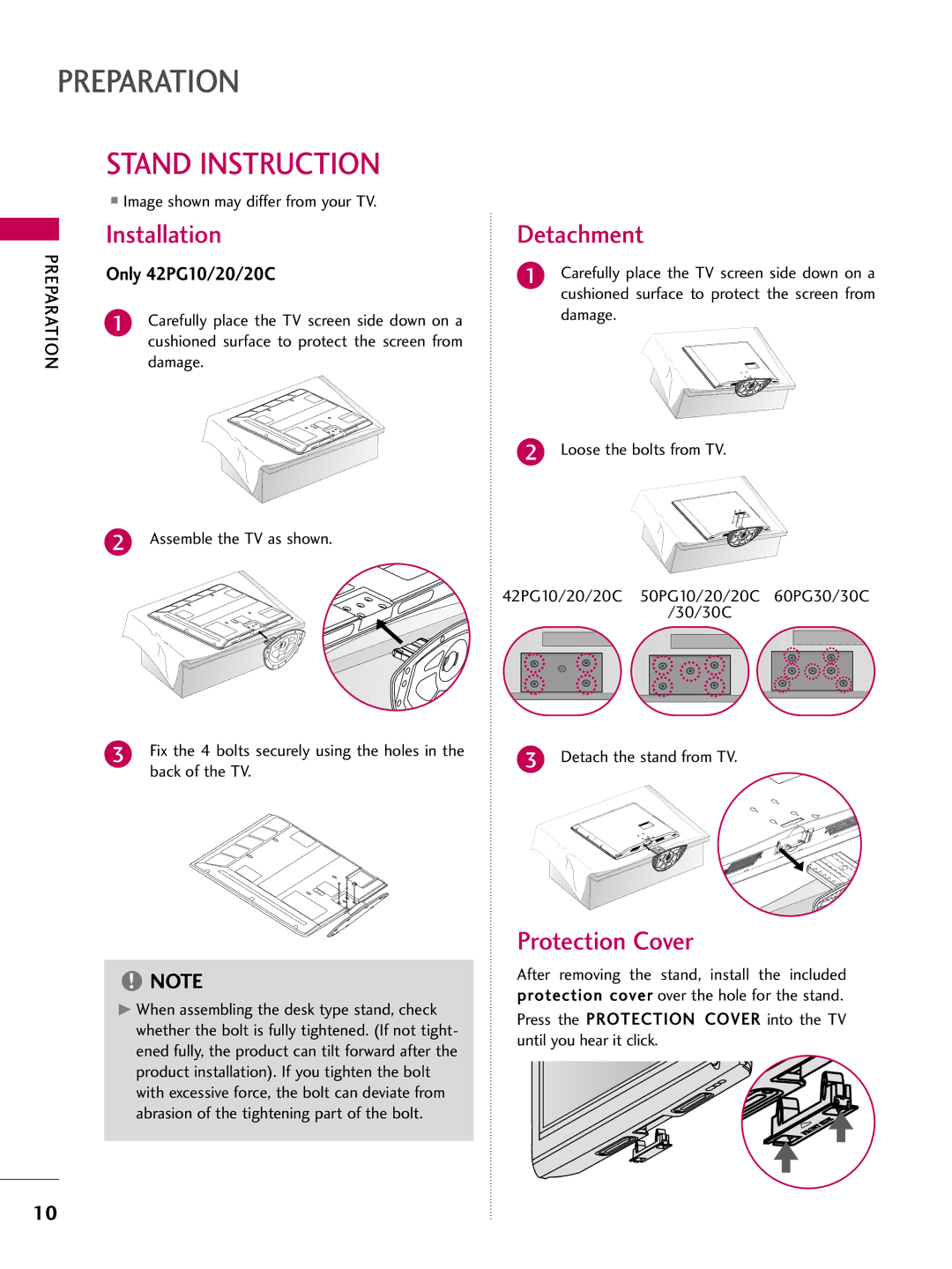 LG Electronics 60PG30C, 42PG20C, 50PG30C owner manual Stand Instruction, Installation, Detachment, Protection Cover 