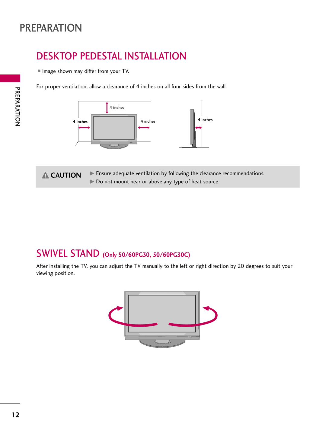 LG Electronics 50PG30C, 42PG20C owner manual Desktop Pedestal Installation, Swivel Stand Only 50/60PG30, 50/60PG30C 