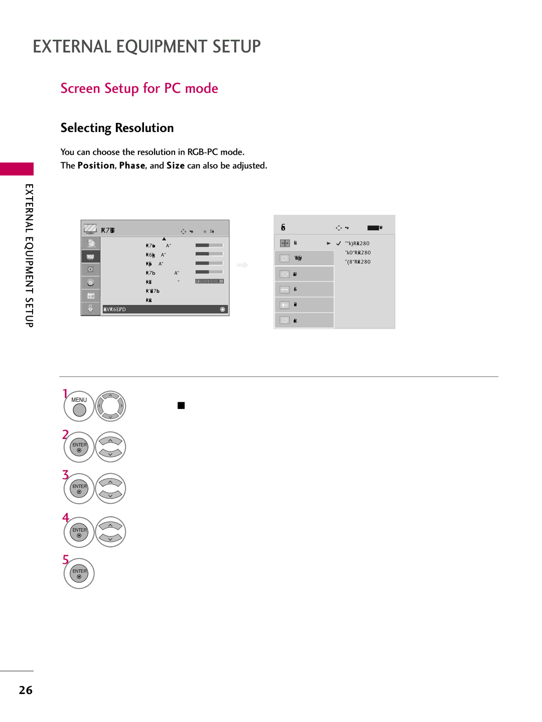 LG Electronics 42PG20C, 60PG30C, 50PG30C Screen Setup for PC mode, Selecting Resolution, External, Equipment Setup 