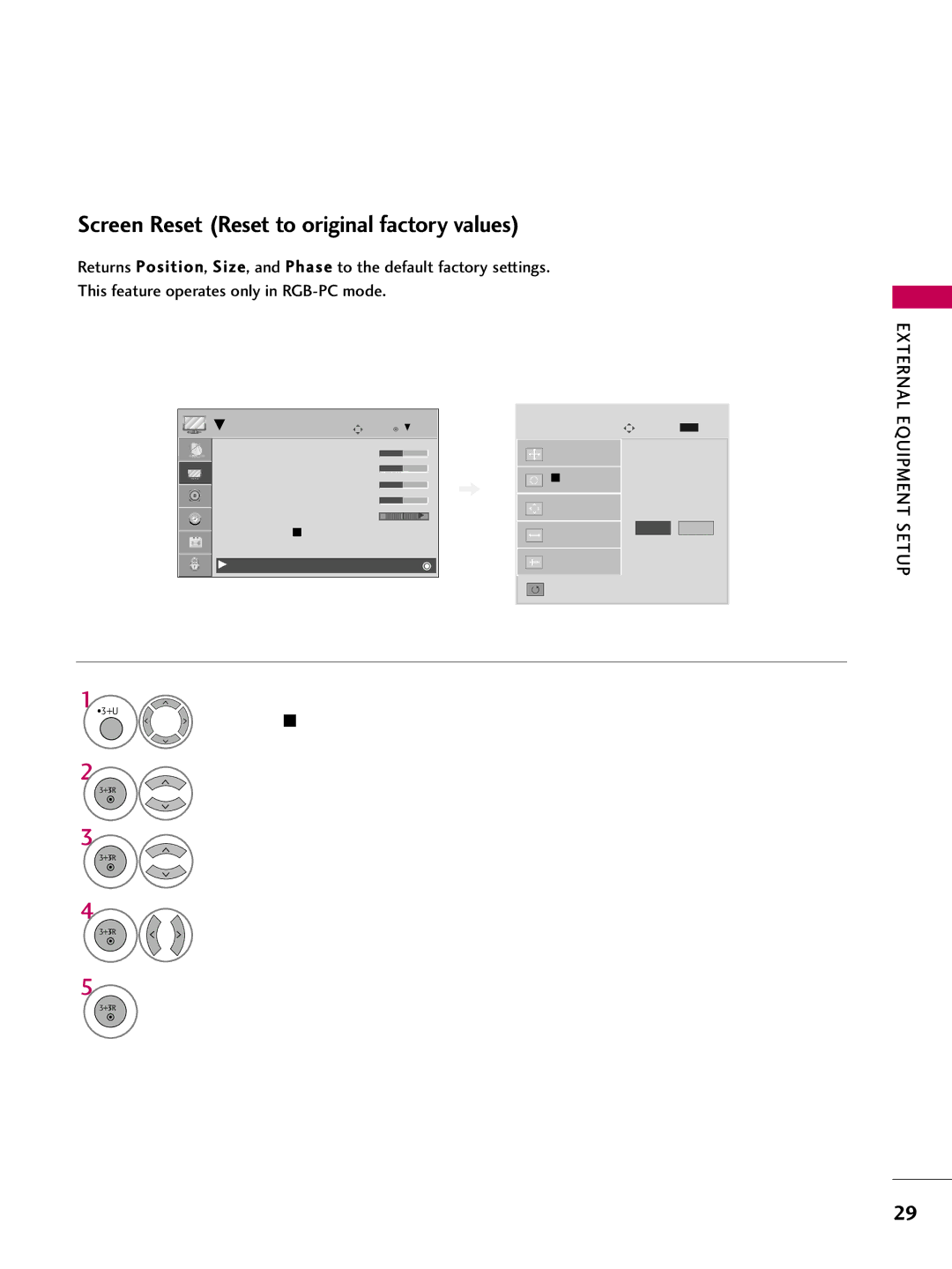 LG Electronics 42PG20C, 60PG30C, 50PG30C owner manual Screen Reset Reset to original factory values, Select Reset, Select Yes 