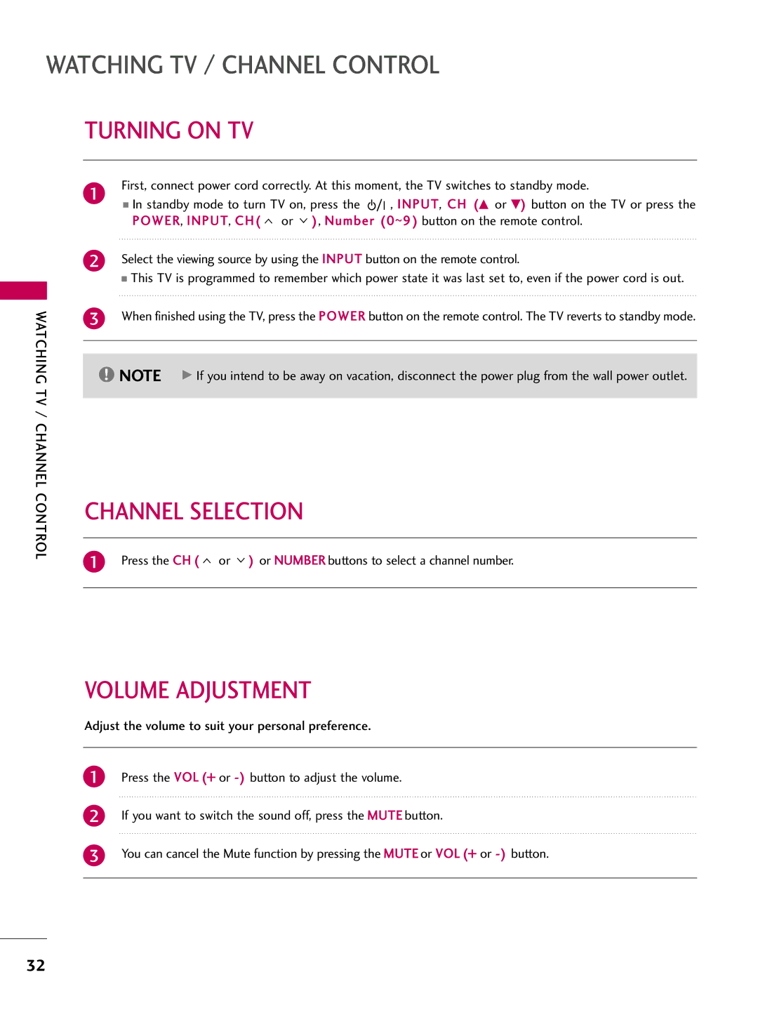 LG Electronics 42PG20C, 60PG30C, 50PG30C owner manual Turning on TV, Channel Selection, Volume Adjustment 