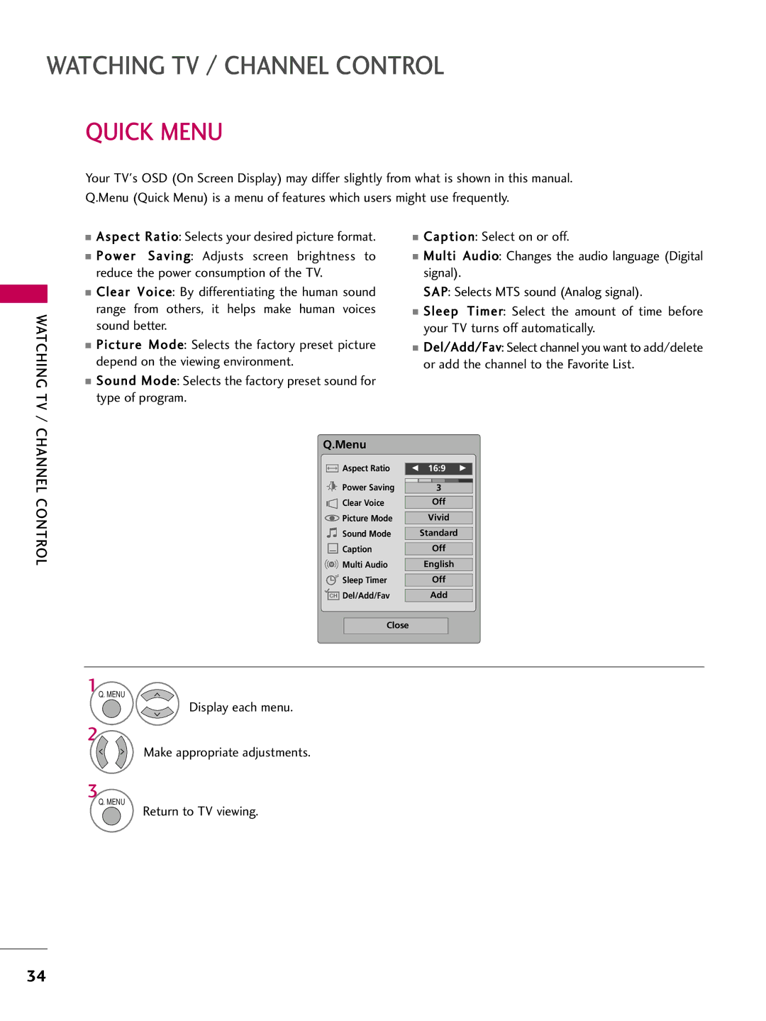 LG Electronics 60PG30C, 42PG20C Quick Menu, Watching TV, Channel Control, Display each menu Make appropriate adjustments 