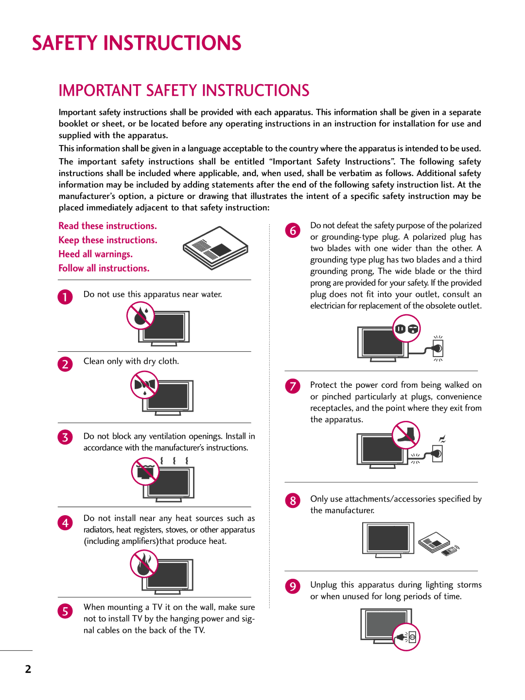 LG Electronics 42PG20C, 60PG30C, 50PG30C owner manual Important Safety Instructions 