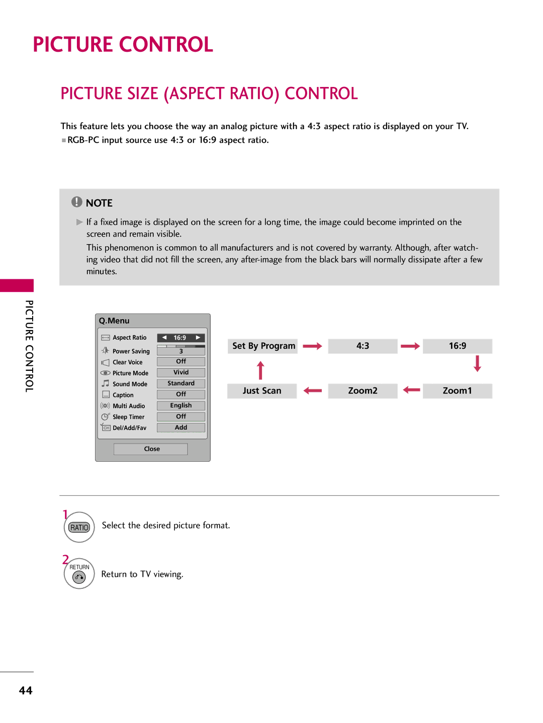 LG Electronics 42PG20C, 60PG30C, 50PG30C owner manual Picture Control, Picture Size Aspect Ratio Control 