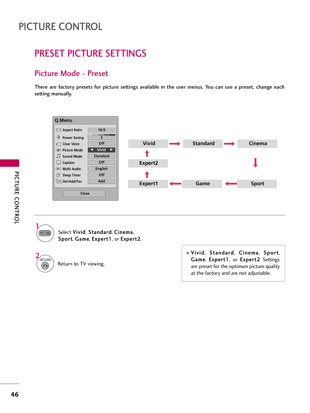 LG Electronics 60PG30C, 42PG20C, 50PG30C owner manual Preset Picture Settings, Picture Mode Preset 