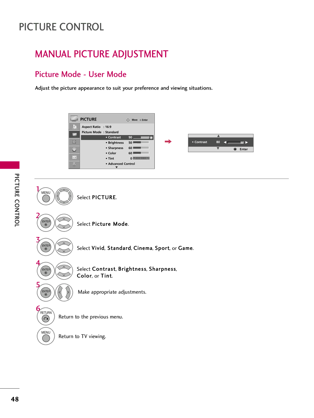 LG Electronics 50PG30C, 60PG30C, 42PG20C owner manual Manual Picture Adjustment, Picture Mode User Mode 